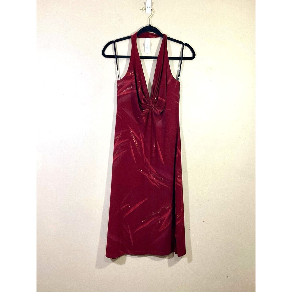 Vintage Luly K Halter Midi Dress L Red Y2K Glitter Party HOCO Vamp Grunge Fairy